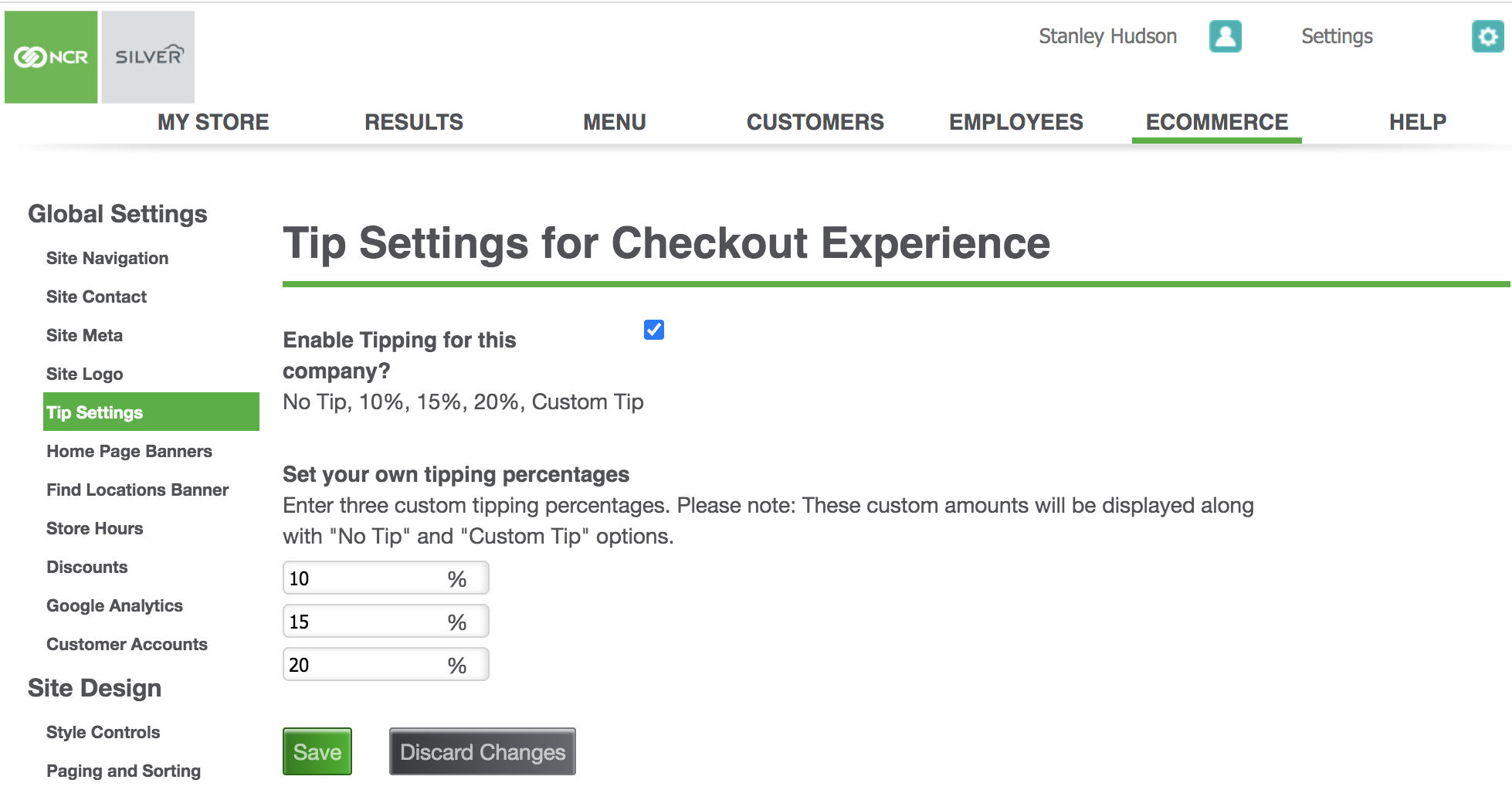 ncr silver commerce tip settings