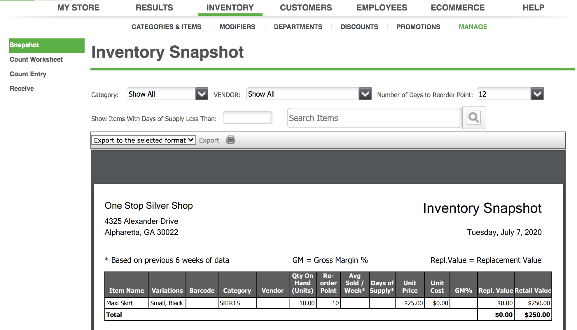 inventory snapshot ncr silver