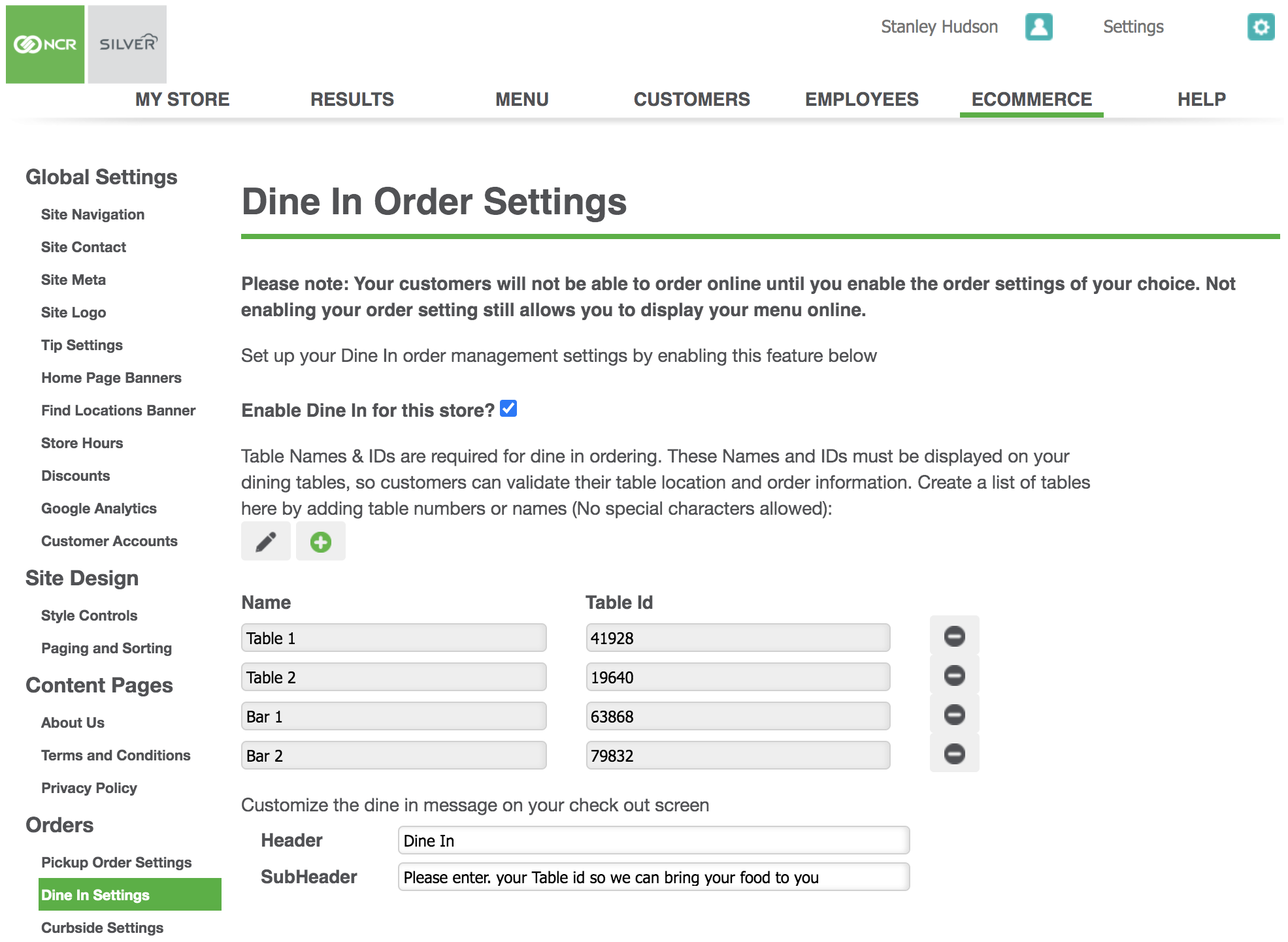 dine in order settings ncr silver