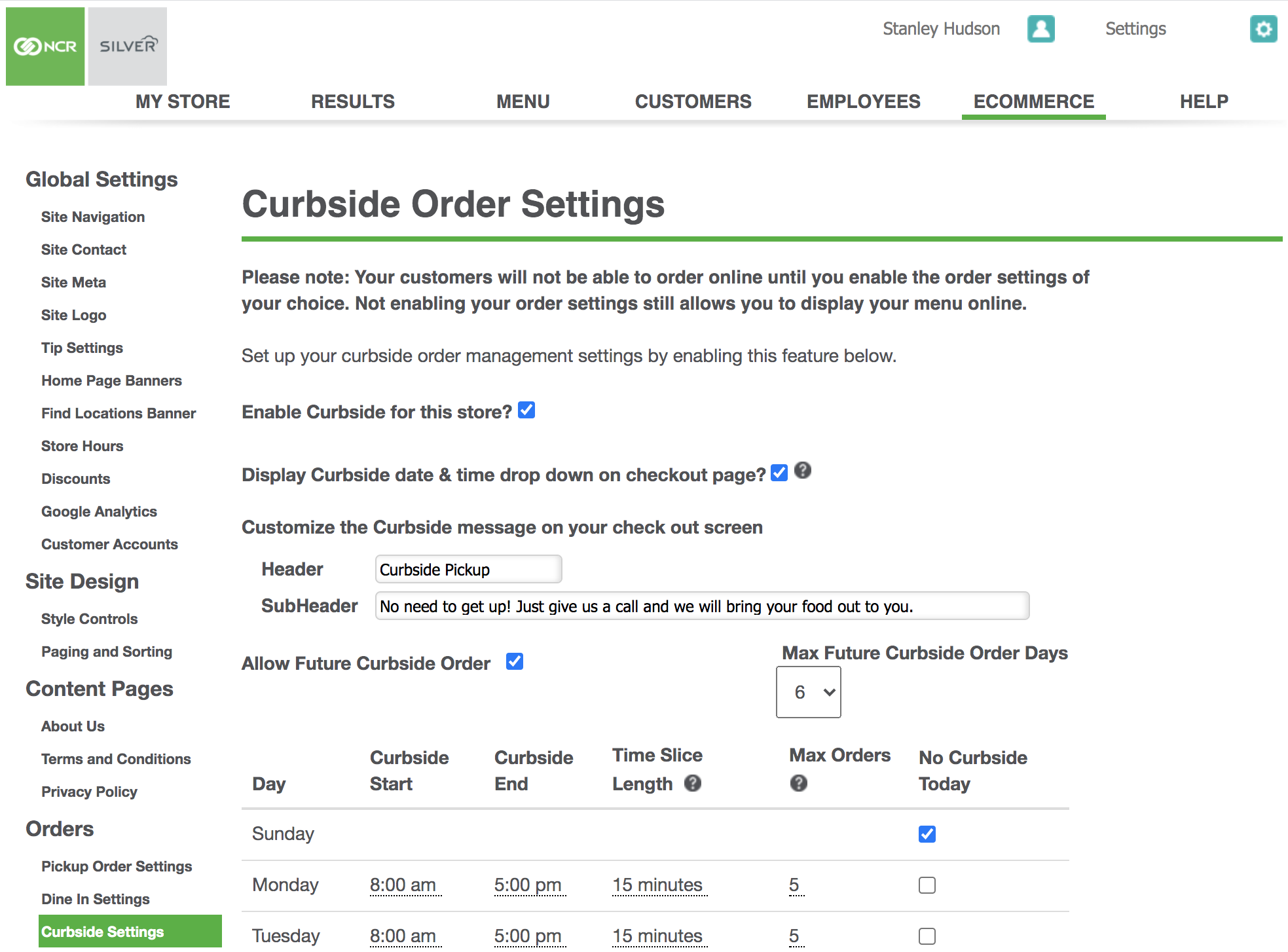 curbside order settings ncr silver