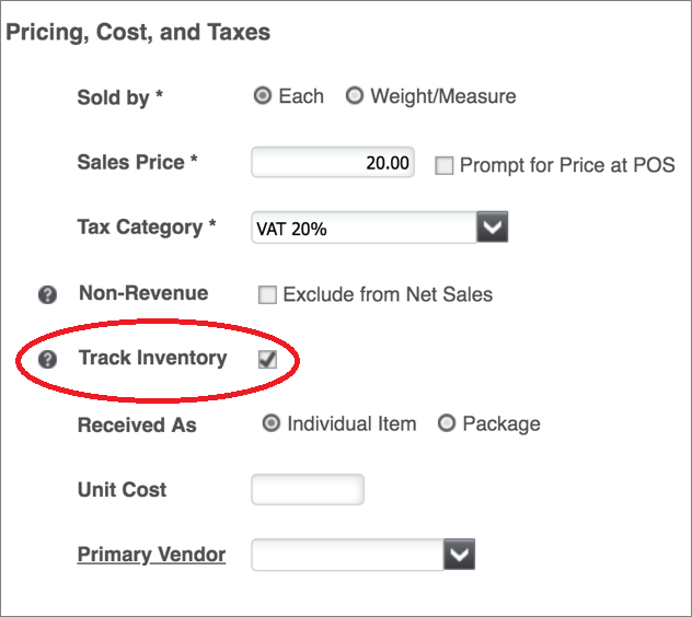 Track Inventory selected